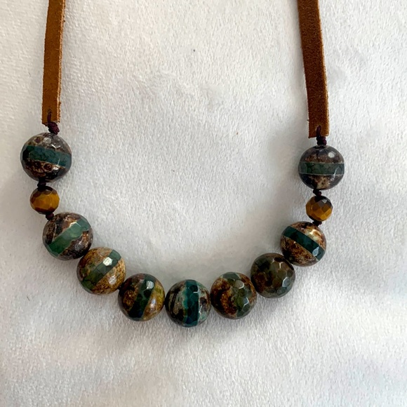 Jade Tiger’s eye and leather handmade necklace 27ins. Gemstone - Picture 1 of 6
